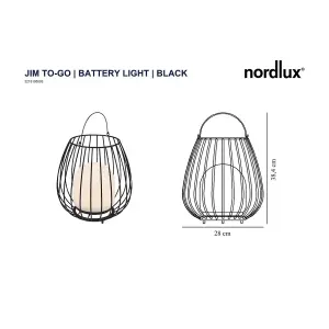 Nordlux Jim To-Go Outdoor Patio Terrace Metal Battery Powered Dimmable LED Light in Black (H) 30.3cm