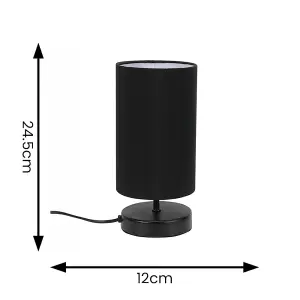 ValueLights Francis Pair - Matt Black Cylinder Touch Dimmer Table Lamp with Black Fabric Shade Bedside Light