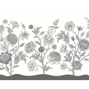 Origin Murals Jacobean Rose Trail - Black and White Matt Smooth Paste the Wall Mural 300cm wide x 240cm high