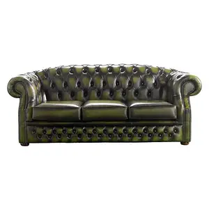 Chesterfield 3 Seater Antique Olive Leather Sofa Bespoke In Buckingham Style