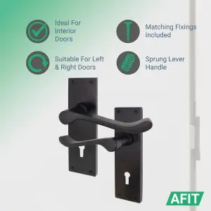 AFIT Black Victorian Scroll Door Handle Key Lock Set, Pair of Internal Lever Lock Handles on Backplate with Sash Lock 64mm & Keys