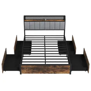 COSTWAY King Size Metal Bed Frame with LED Lights & 4 Storage Drawers