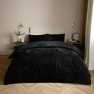 Faux Fur Ribbed Fleece Duvet Cover Bedding Set, Black - Superking