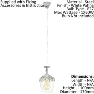 Hanging Ceiling Pendant Light White Patina & Glass Shade 1x E27 Feature Lamp