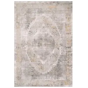 Grey Gold Metallic Traditional Medallion Distressed Living Area Rug 80x150cm