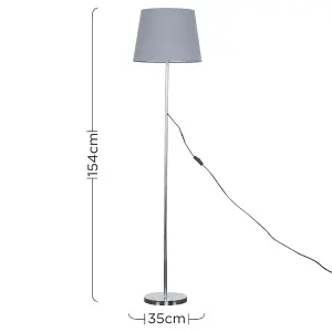 ValueLights Modern Standard Floor Lamp In Polished Chrome Metal Finish With Grey Tapered Shade