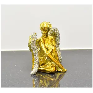 Gold Sitting Angel With Wide Wings Crushed Ornament Sparkle Diamond