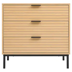 Brown Slatted Effect 3 Drawers Chest Bedside Table Bedroom Dresser Cabinet H 690 x W 720 x D 400 mm