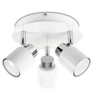 ValueLights Benton Modern Gloss White Polished Chrome IP44 Rated 3 Way Round Plate Bathroom Ceiling Spotlight