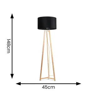 ValueLights Lottie Natural Wood Tripod Floor Lamp with Black Velvet Drum Shade - LED Bulb Included