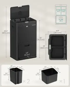 SONGMICS Kitchen Bin, 3-Compartment Bin for General Waste, Food Waste, and Recycling, Carbon Filter, Wide Pedal, Black