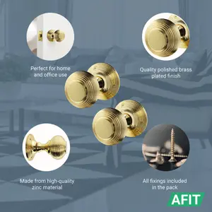 AFIT Beehive Door Knobs Polished Brass - 4 Pairs of Reeded Mortice Knobs (55mm) for Internal Doors