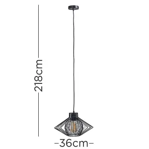 ValueLights Retro Matt Black Ceiling Pendant Light Fitting With Black Geometric Wire Shade