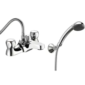 Deva Profile Deck Mounted Bath Filler Mixer Taps In Chrome With Shower Handset Classic Tap With Hot & Cold Round Handles