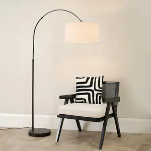 ValueLights Louis Black Arched Curved Floor Lamp with Cream Boucle Drum Lamp Shade and LED Bulb