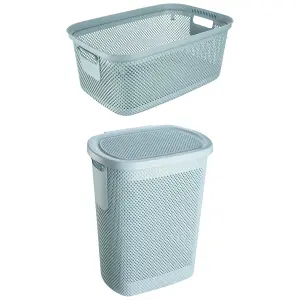 Keeeper Air-Permeable Laundry Basket 30 Litre with Side Handles & Laundry Hamper Hinged Lid - Nordic Blue