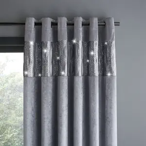 Catherine Lansfield Living Crushed Velvet Glamour Sequin 46x90 Inch Eyelet Curtains Two Panels Grey