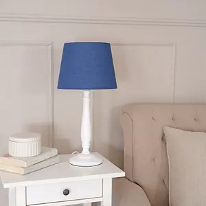 ValueLights Victoria Traditional White Wood Candlestick Table Lamp with Navy Blue Tapered Shade