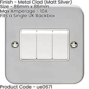 3 Gang Triple Light Switch 2 Way 10A HEAVY DUTY METAL CLAD - White Trim & Rocker