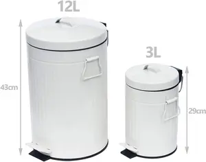 simpa White 2PC Metal Pedal Dustbin 12L & 3L Set