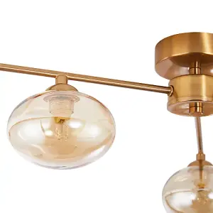 Modern Triple Branch Satin Brass Ceiling Light Fitting with Amber Glass Shades