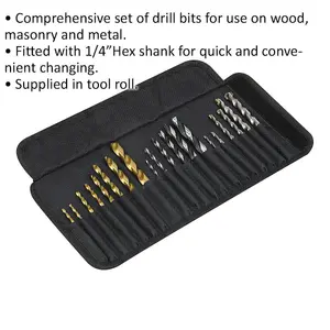 20 Piece Assorted Drill Bit Set - 1/4" Hex Shank - Wood Masonry & Coated Bits