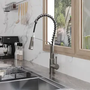 Grey Stainless Steel Side Lever Kitchen Spring Neck Pull Out Kitchen Tap Mixer Tap