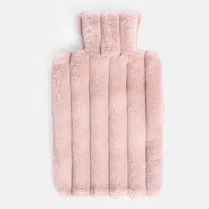 Faux Fur Hot Water Bottle Ribbed Fluffy Fleece Supersoft Warmer, Blush