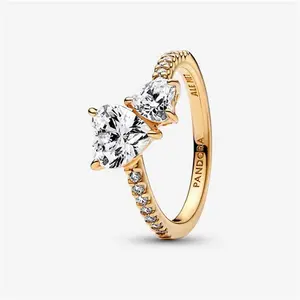 Pandora Double Heart Sparkling Ring - 14K Gold Plating / Cubic Zirconia - Sz. 50