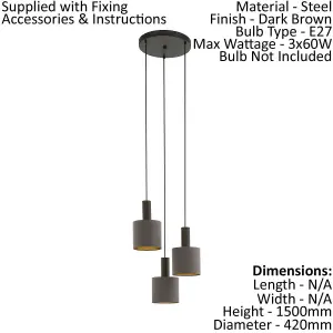 Pendant Ceiling Light Colour Dark Brown Shade Cappuccino Gold Fabric Bulb E27 3x60W