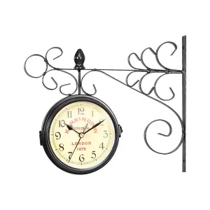 Iron Antique Look Black Round Wall Hanging Double Sided Two Faces Retro Station Clock Round