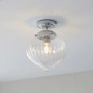 Decorative Flush Bathroom Ceiling Light Fitting - Clear Ribbed Glass Shade