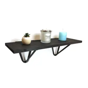 Solid Pine Rustical Shelf Black Ash Black Hairpin Bracket Style 20x90cm