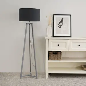 ValueLights Lottie Grey Wood Tripod Floor Lamp with Charcoal Grey Drum Shade - LED Bulb Included