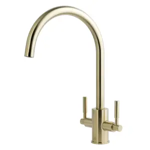 Newbury Brushed Brass Dual Lever Kitchen Sink Mixer & Basket Strainer (Round Overflow)