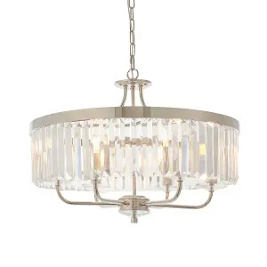 Bright Nickel Ceiling Chandelier Light - Clear Cut Glass 6 Bulb Pendant Fitting