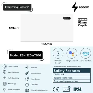 2000W Smart Electric Panel Heater for Home of Office - Wall Mounted with Touchscreen - WiFi App Control, Alexa and Google Home