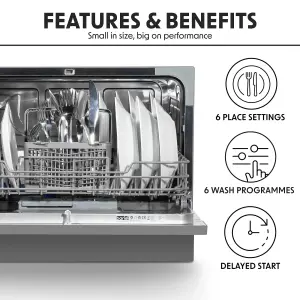 Baridi Compact Tabletop Dishwasher 6 Place Settings, 6 Programmes - Silver