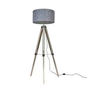 ValueLights Clipper Distressed Wood and Silver Chrome Tripod Floor Lamp with Grey Felt Weave Design Shade