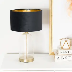 ValueLights Jessy Glass with Gold Trim Table Lamp with Black Velvet with Gold Inner Lamp Shade