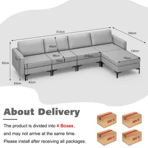 Costway Modular L-shaped Sectional Sofa Couch w/ Chaise Reversible Ottoman (4 Power Outlets & 4 USB Ports)