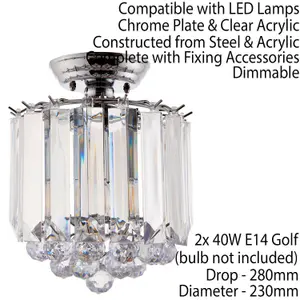 Flush Ceiling Mount Light Chrome & Acrylic 2x Lamp Bulb Classic Hanging Fitting