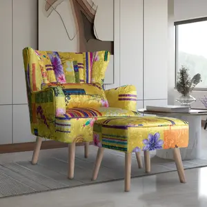 Fabric Gold Patchwork Abigail Accent Wingback Chair with Footstool