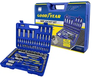 Goodyear Socket Set & Screwdriver Bit Torx Ratchet Case 94PC 1/2" 1/4" Tool Kit