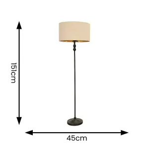 ValueLights Maggie Black Metal Candlestick Floor Lamp with Beige and Metallic Gold Shade and LED Bulb