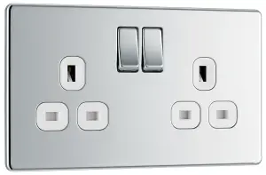 BG FPC22W Nexus Screwless Flat-Plate Double Switched Plug Socket Polished Chrome White Inserts 13A