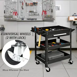 Costway 3-Tray Tool Cart Rolling Utility Cart Tray Organizer w/ Drawer & Wheels