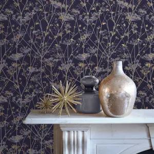 Clarissa Hulse Wild Chervil Blackberry Purple & Gold effect Smooth Wallpaper