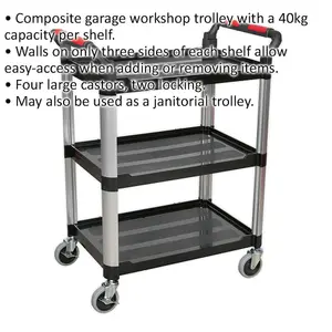 Heavy-Duty 3 Level Wheeled Workshop Trolley - 750mm x 460mm x 980mm - 40kg Capacity per Shelf