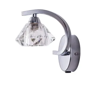 Single Left Curved Wall Light and Sconce, Clear Glass Shade, Polished Chrome Finish